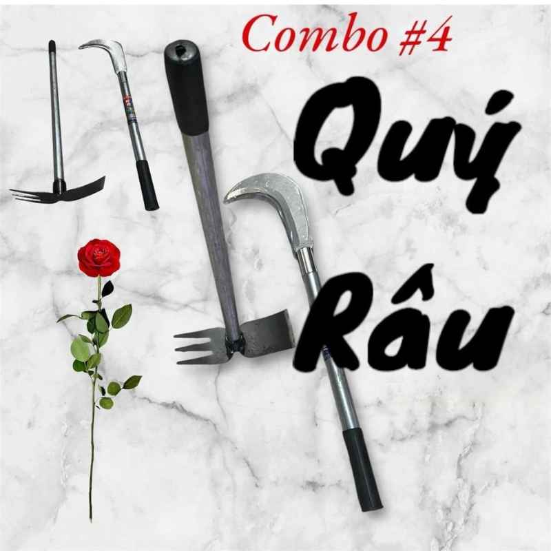 Combo làm vườn gồm cuốc đất và liềm chặt nhánh cây